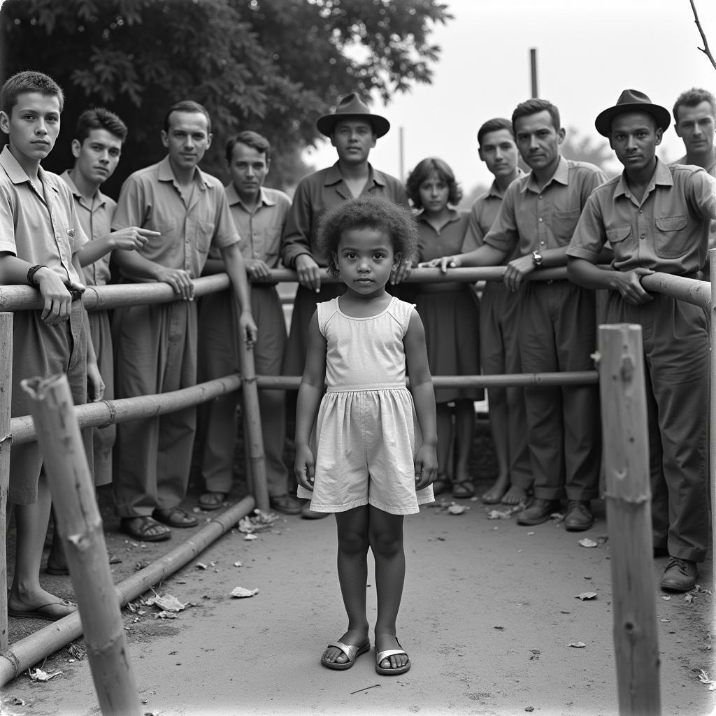 Young Congolese girl standing in a makeshift enclosure at a Belgian zoo in 1958