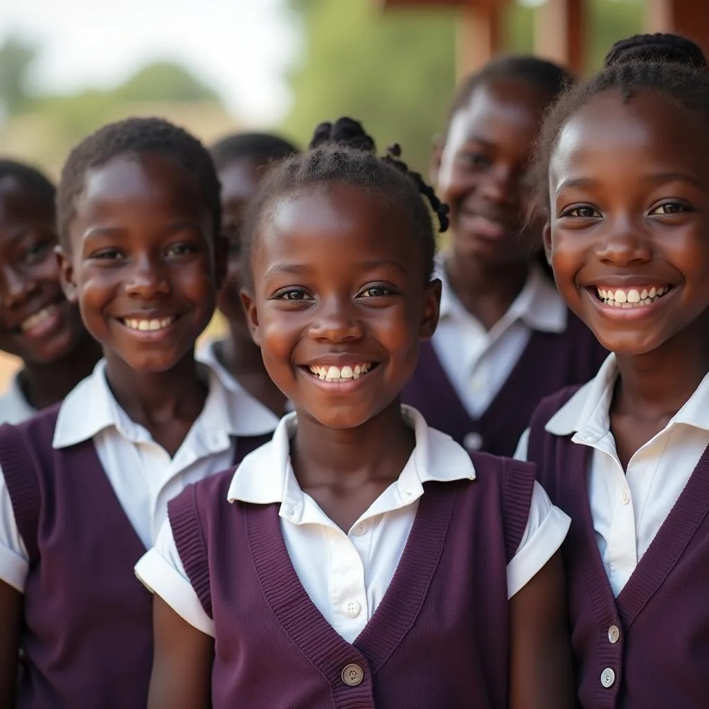 A group of young African girls in school uniforms smiling brightly