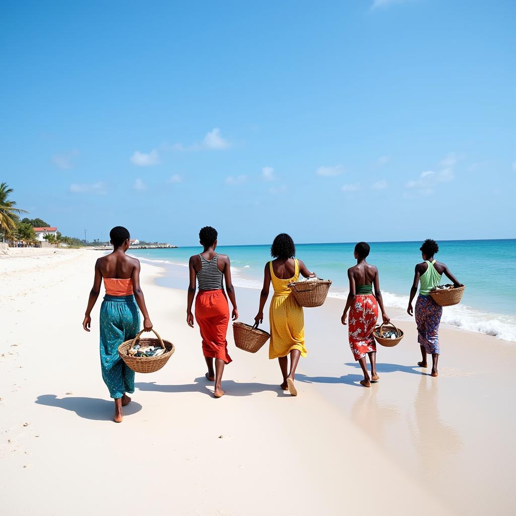 Girls Carrying Baskets on the Beach