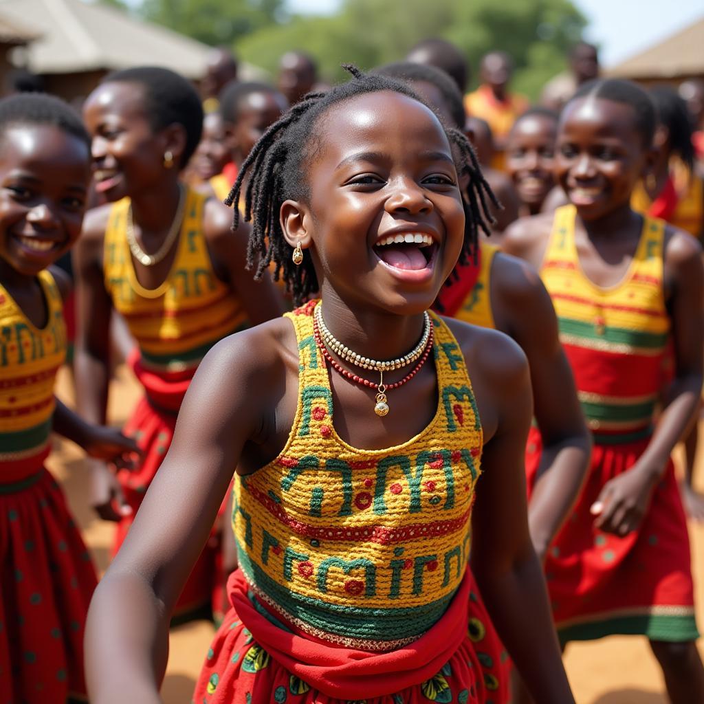 A group of African girls dancing and celebrating in colorful attire