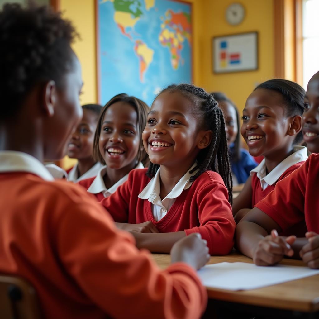 Smiling African girls in school uniforms learning in a classroom