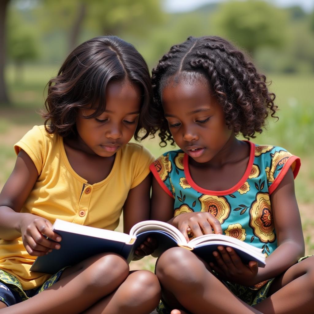 Two young African girls reading books together