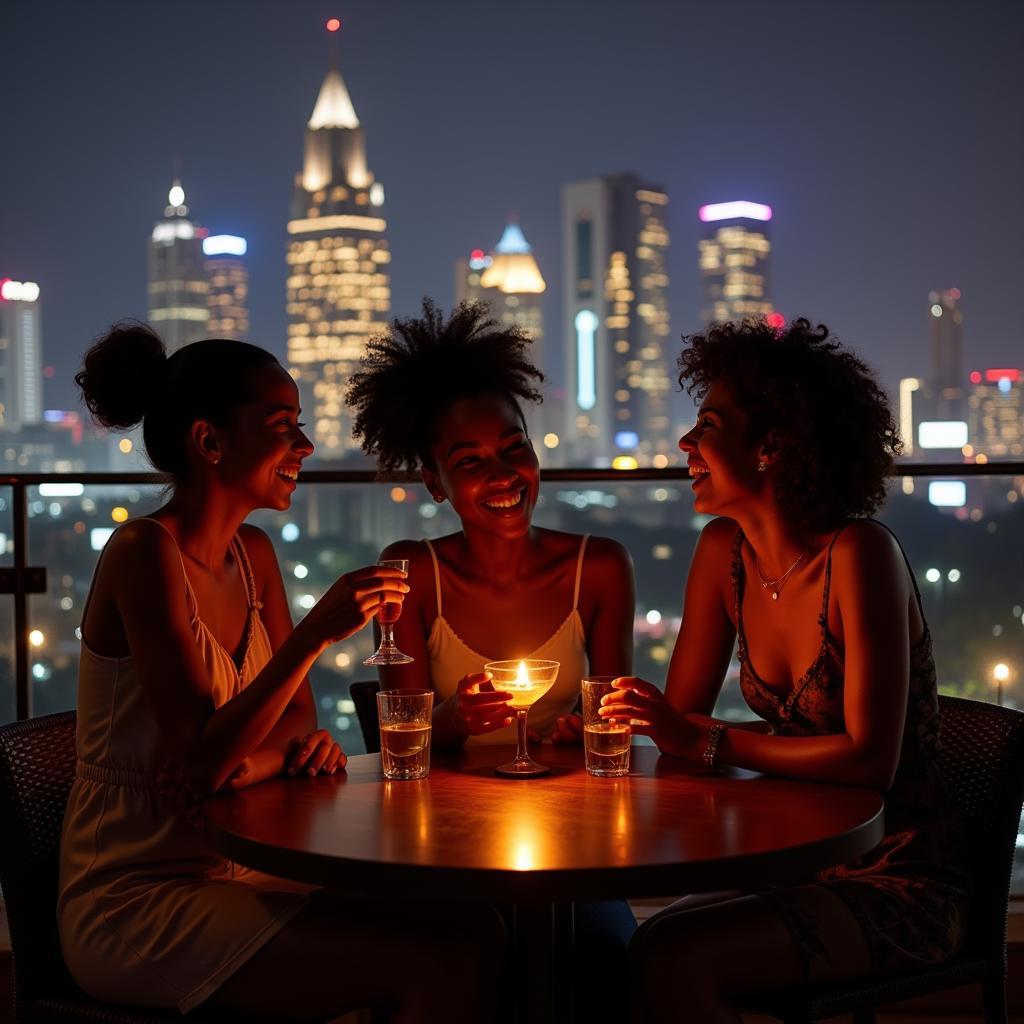 African girls laughing and enjoying drinks at a rooftop bar in Kolkata