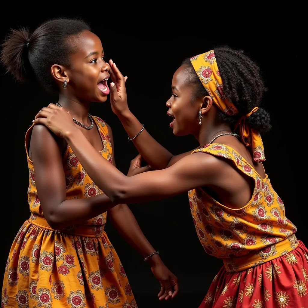 Two African girls engaged in a fight, one with a torn cloth on her shoulder