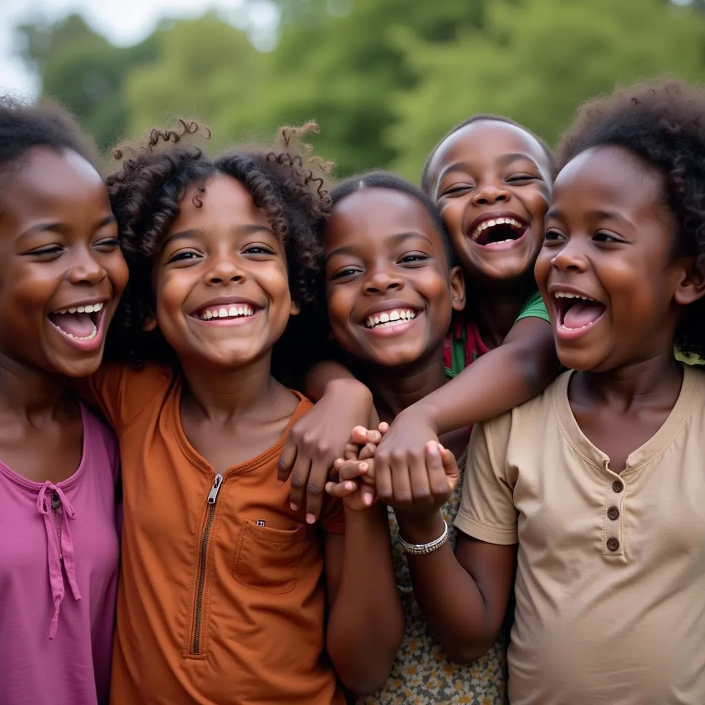 A group of African girls hold hands and laugh together, showcasing their strong bonds and joyful spirit.