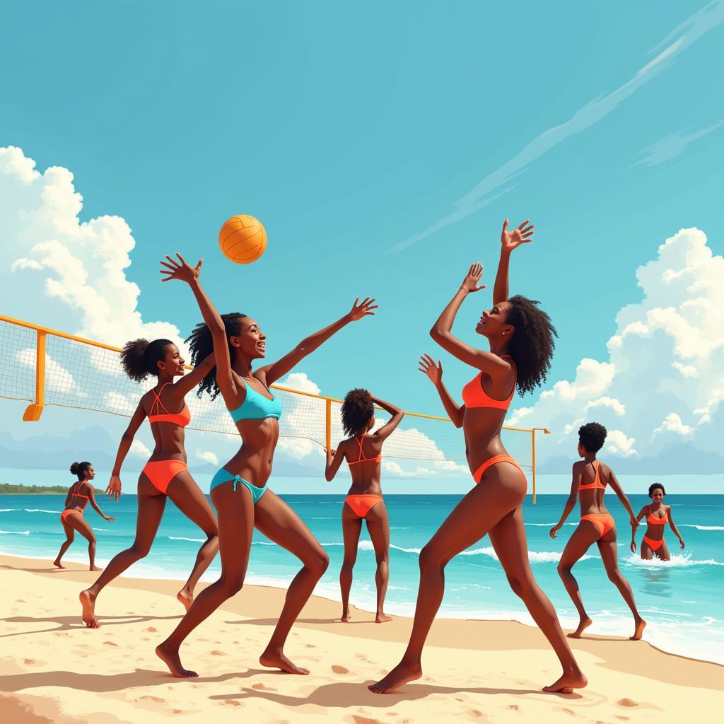 African girls in bikinis enjoying beach activities