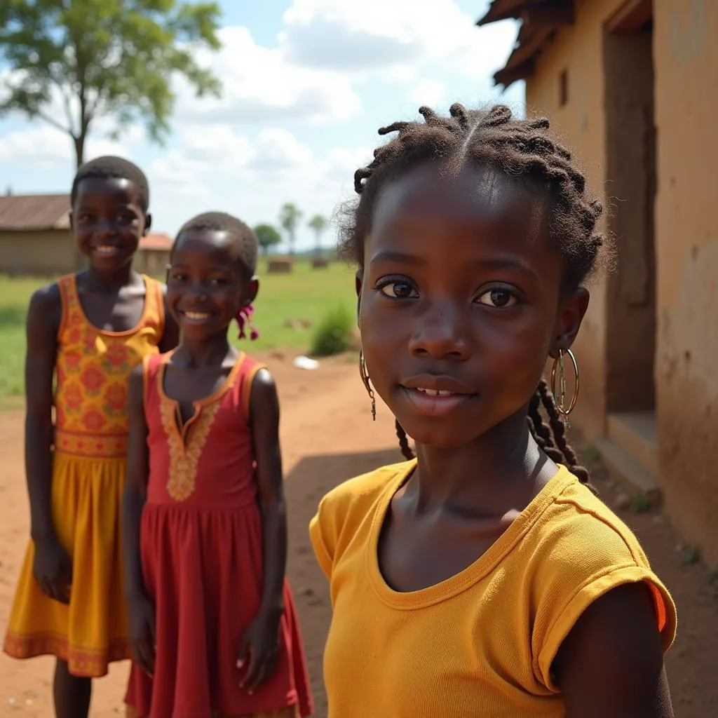 Smiling African girls fetching water from a well