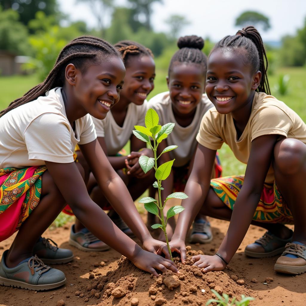 African Girls Planting Trees in Community