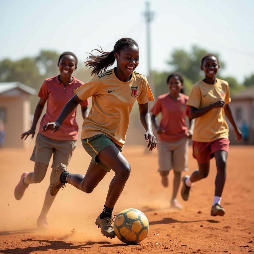 Group of joyful African girls playing soccer on a dusty field