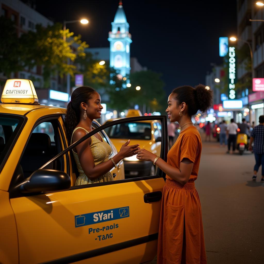 African girls safely getting into a pre-paid taxi after a night out in Kolkata