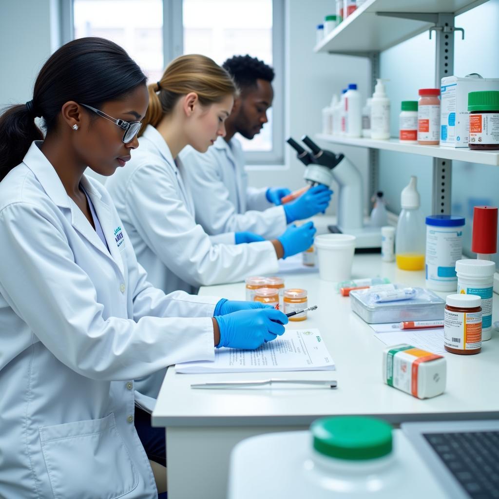 African Global Pharma Ghana Ltd's laboratory technicians conducting quality control checks