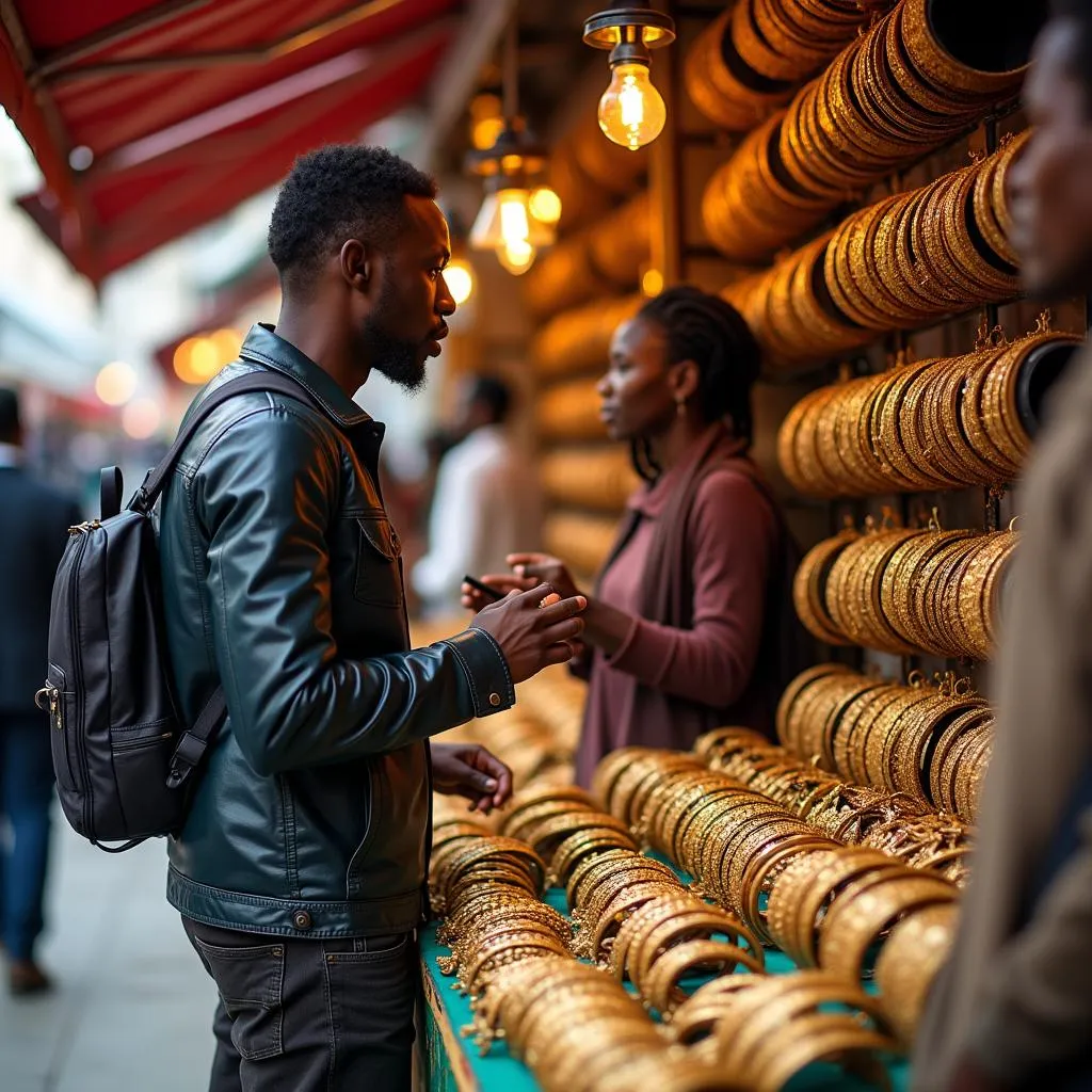 African gold bangles displayed on a stall in London's Portobello Market