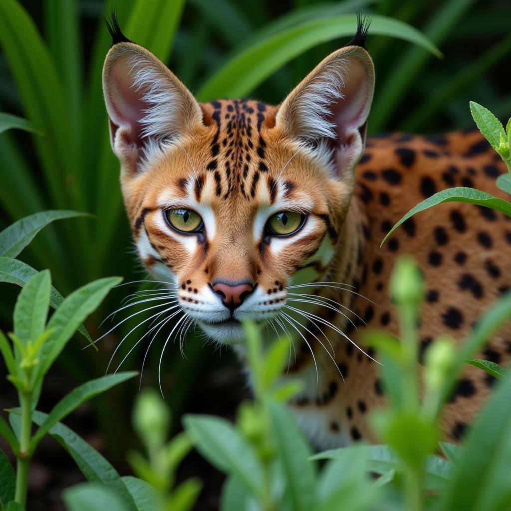 African golden cat camouflaged in vegetation