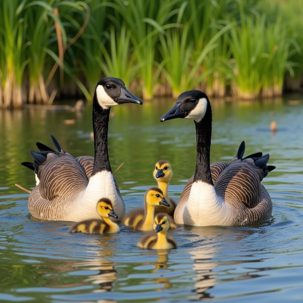 An African goose family in their natural wetland habitat