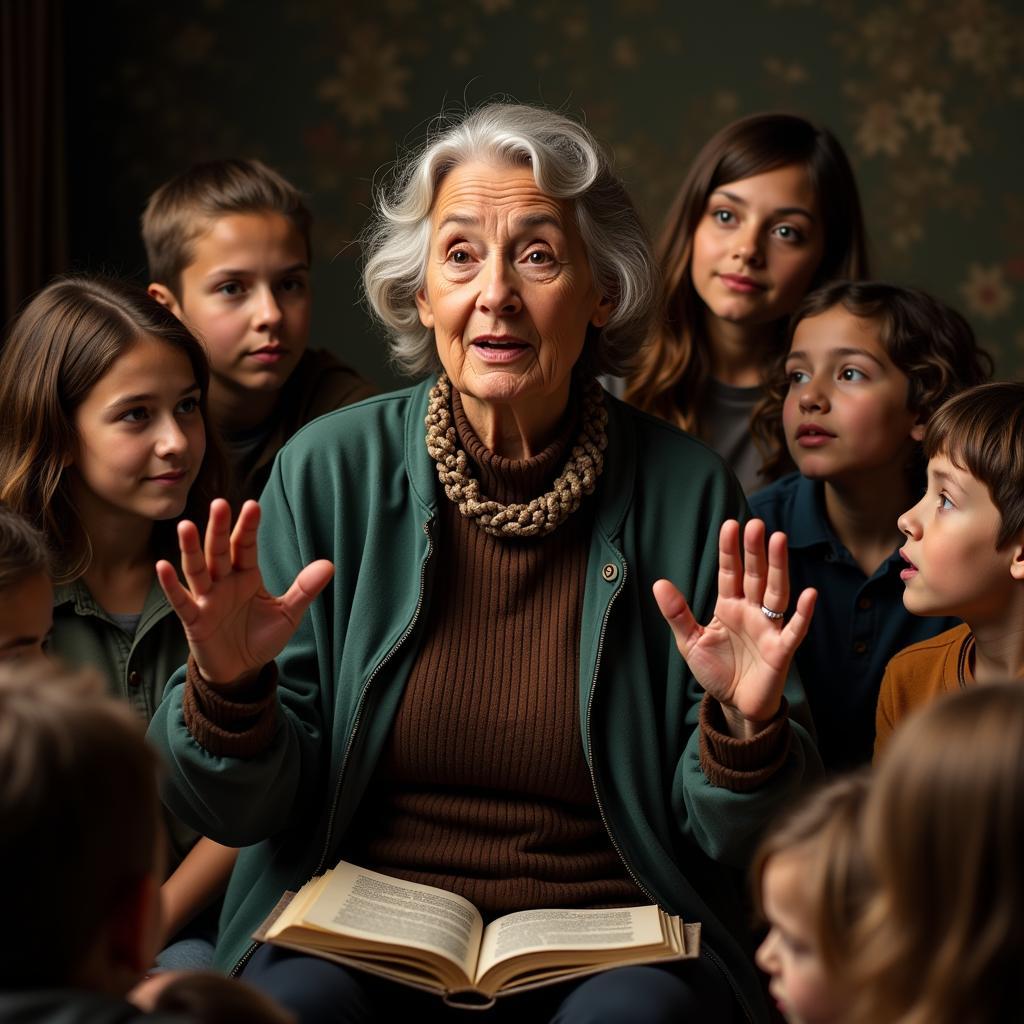 An African grandmother captivating her grandchildren with an animated story.