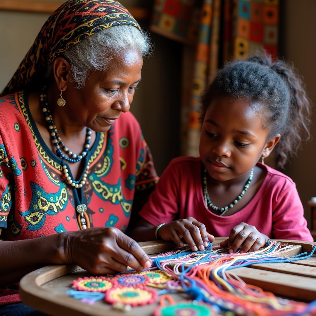 African Grandmother Teaching Granddaughter Traditional Weaving