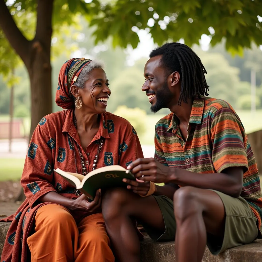 African grandmother sharing stories and traditions with her adult son