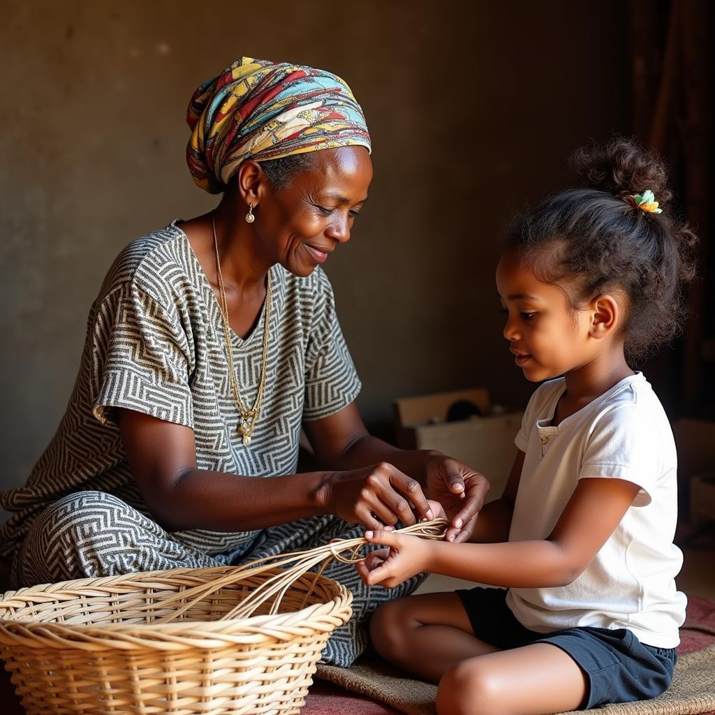 African grandmother teaching basket weaving