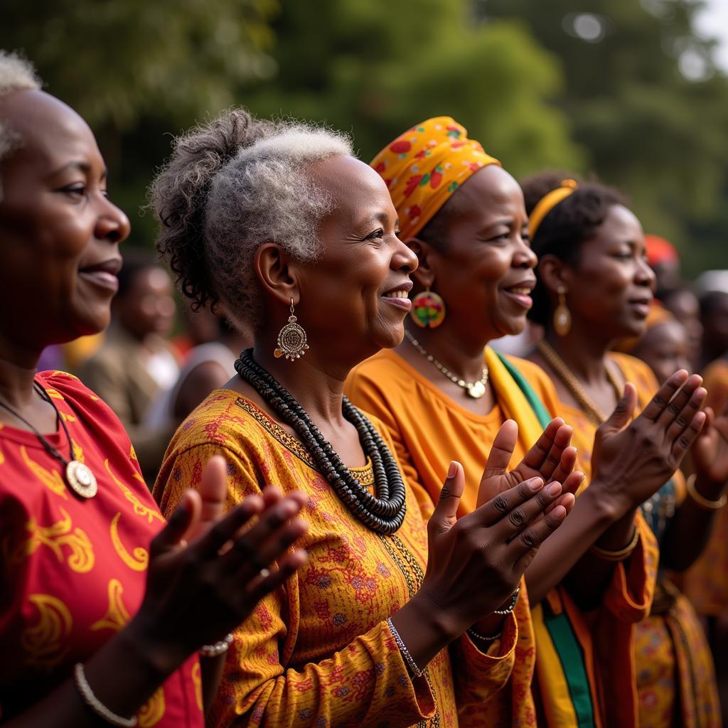 African grandmothers celebrating with song and dance