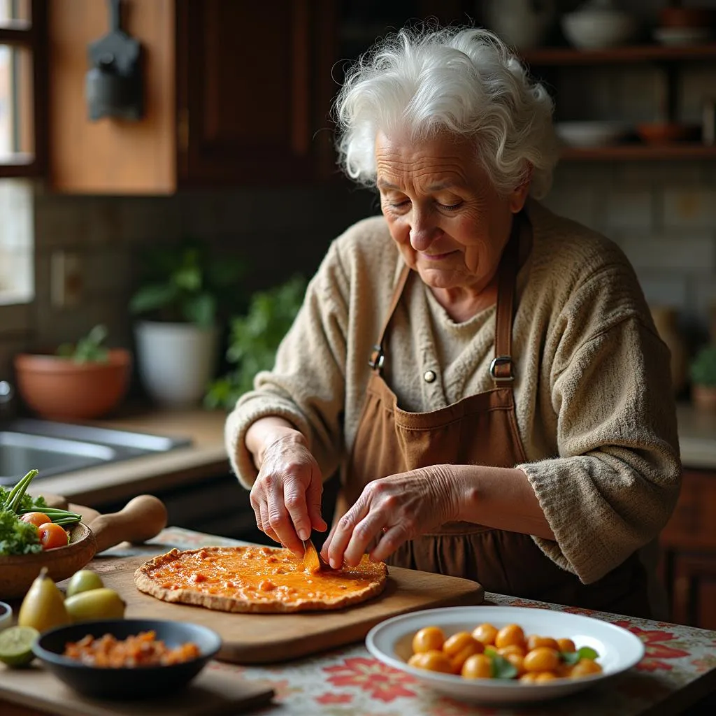 An older woman sitting in a kitchen, preparing a meal