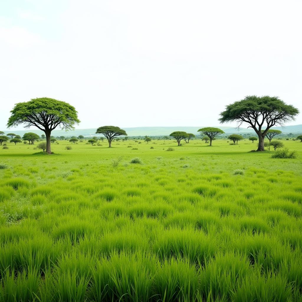 African Grass Forest Landscape with Scattered Trees and Abundant Grass Cover