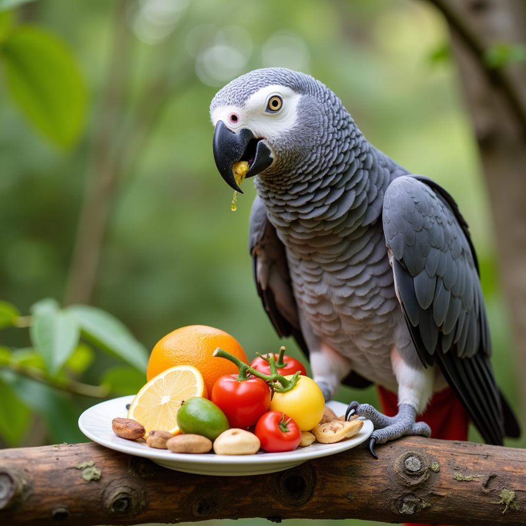 African Gray Parrot Enjoying a Healthy Meal