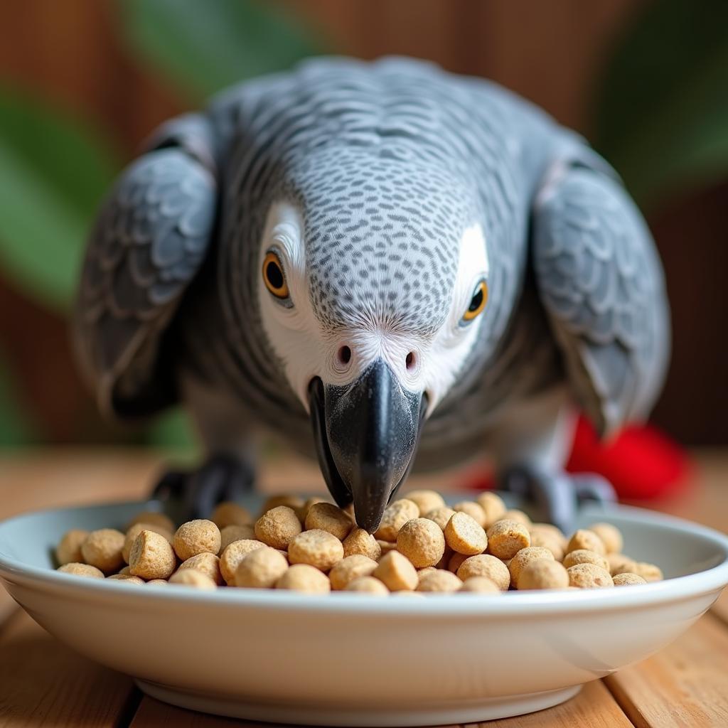 African Gray Parrot Eating Pellets