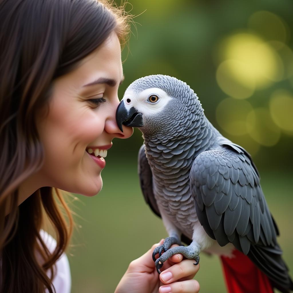 African Gray Parrot Interacting with Owner