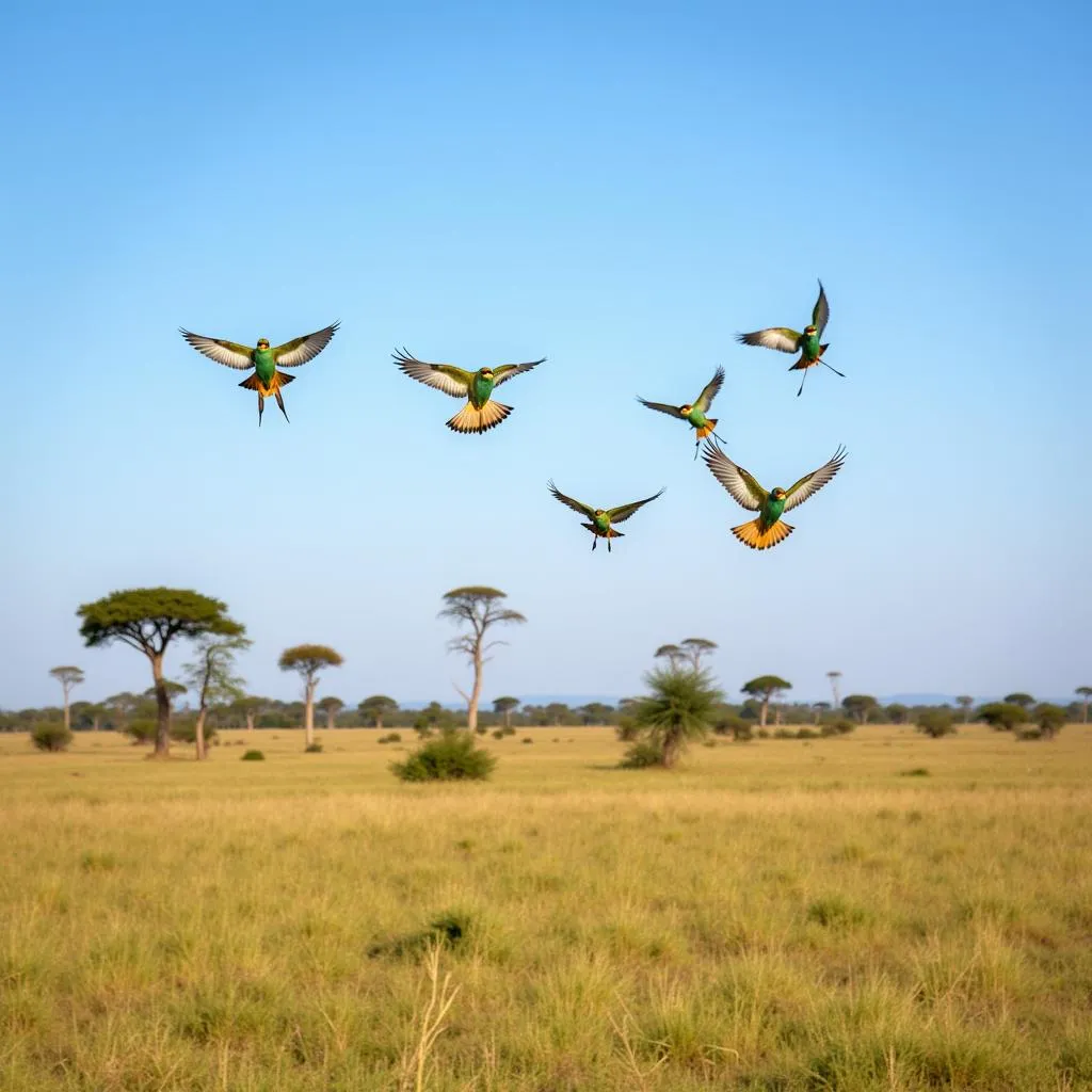 African green bee-eaters in flight over savannah