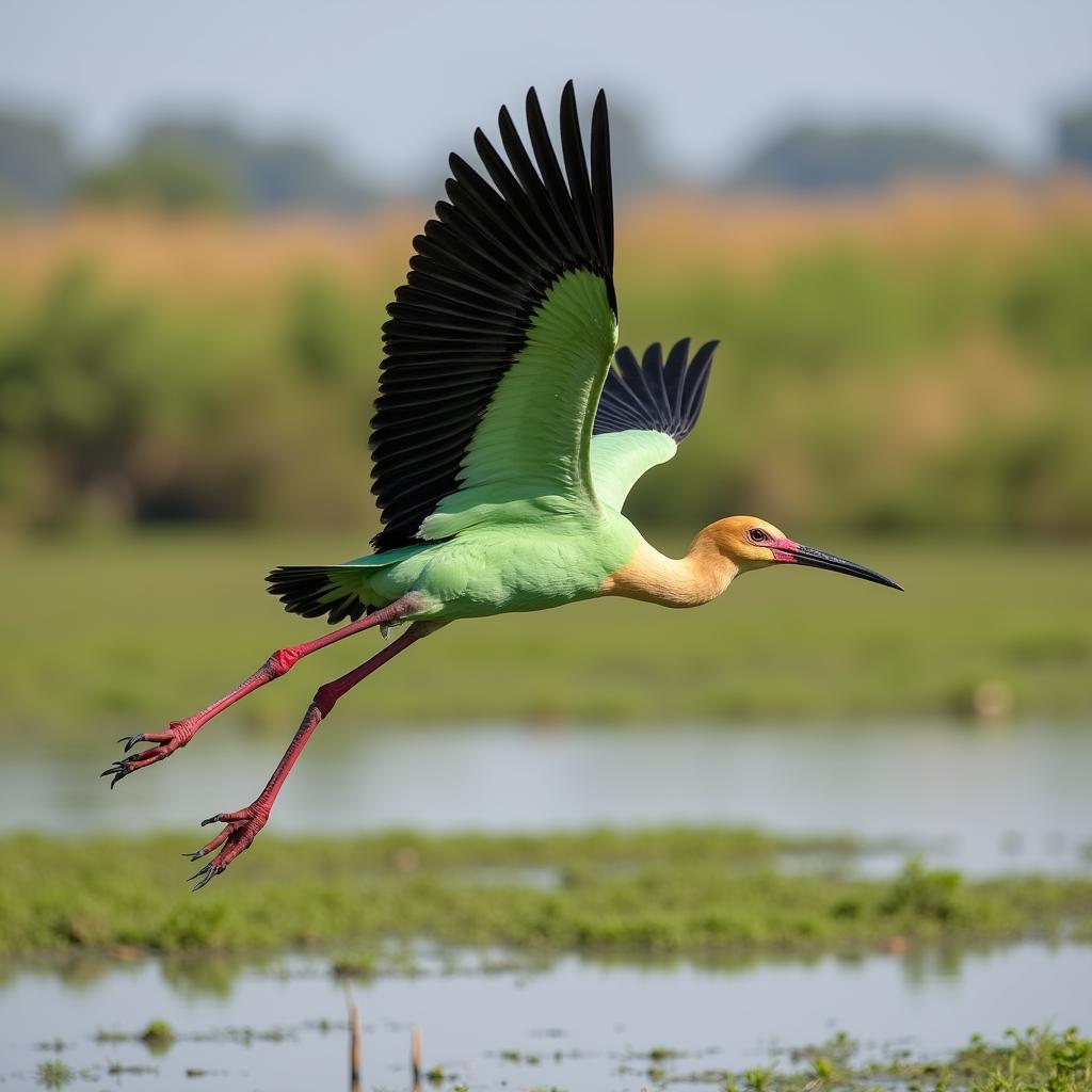 African Green Ibis Soaring Above Wetlands