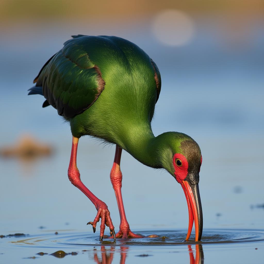 African Green Ibis Foraging in Wetland