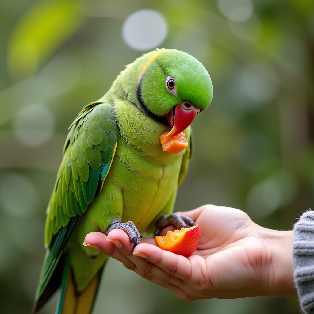 African Green Neck Parrot Interacting with Owner