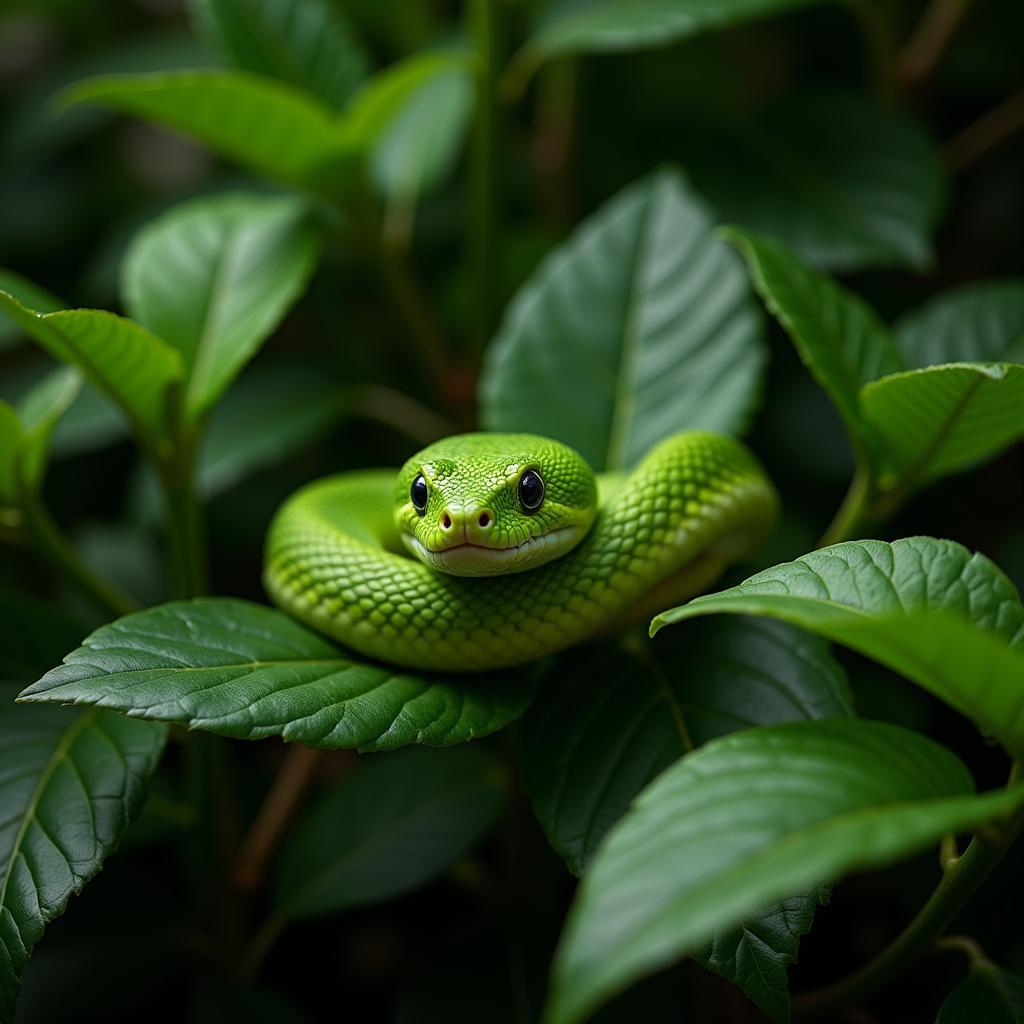 African green tree snake camouflaged among leaves