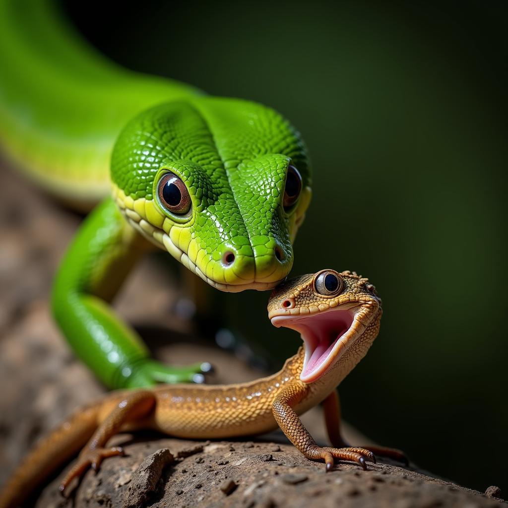 African green tree snake hunting a lizard in a tree