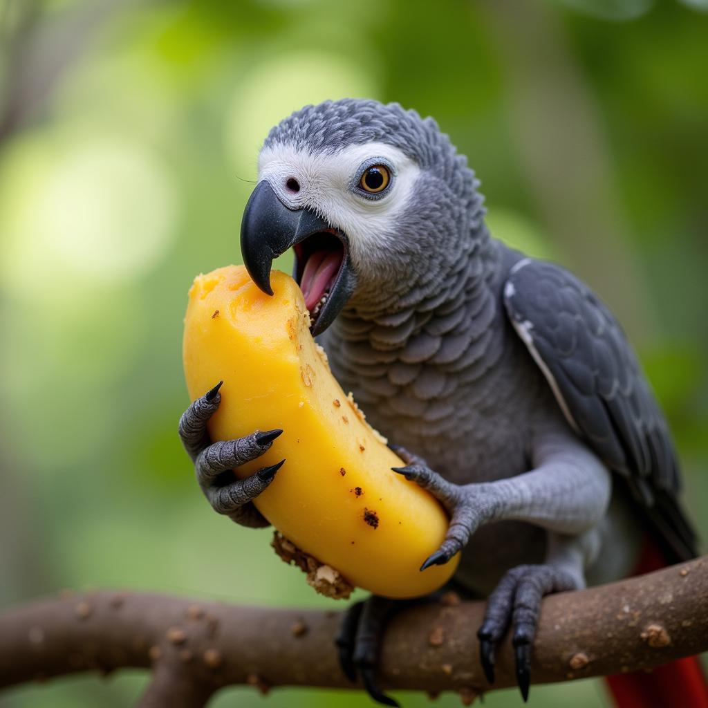 African Grey Baby Enjoying a Piece of Fruit