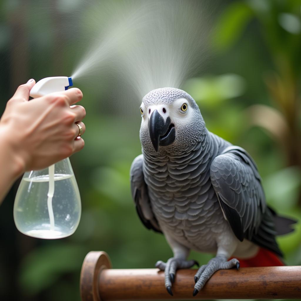 African Grey Parrot Being Misted with Water