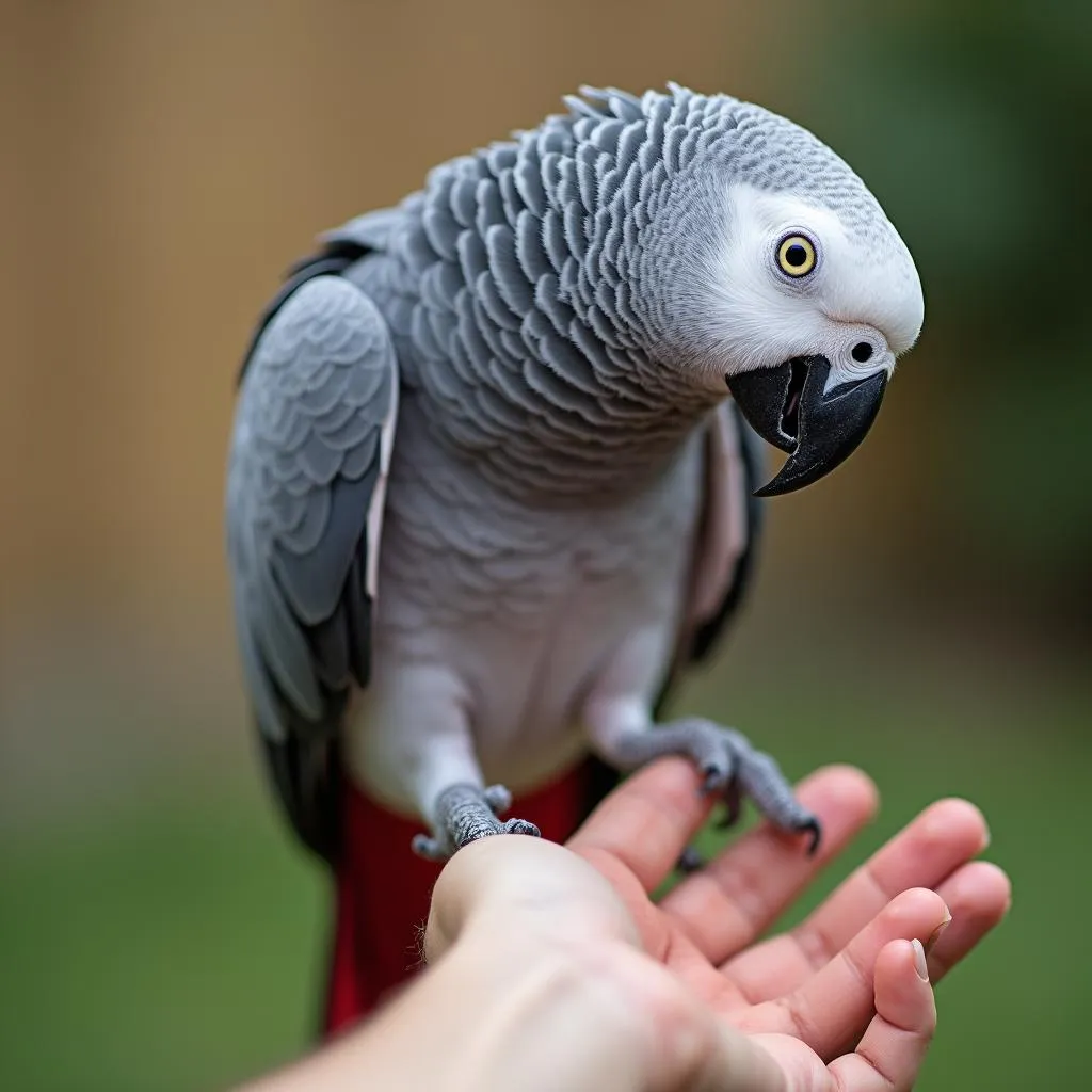 African Grey bobbing head for attention from owner