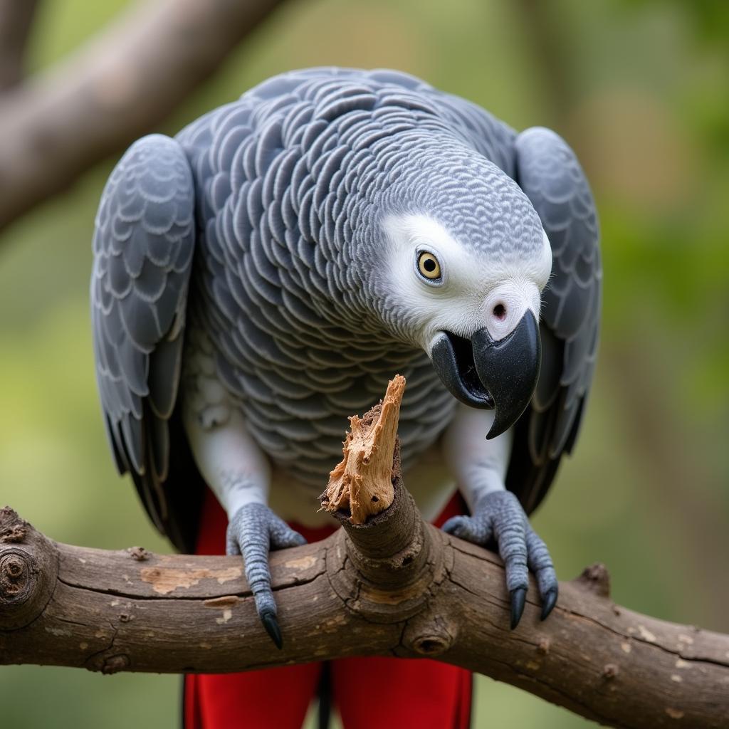 African Grey Parrot Chewing on Wood