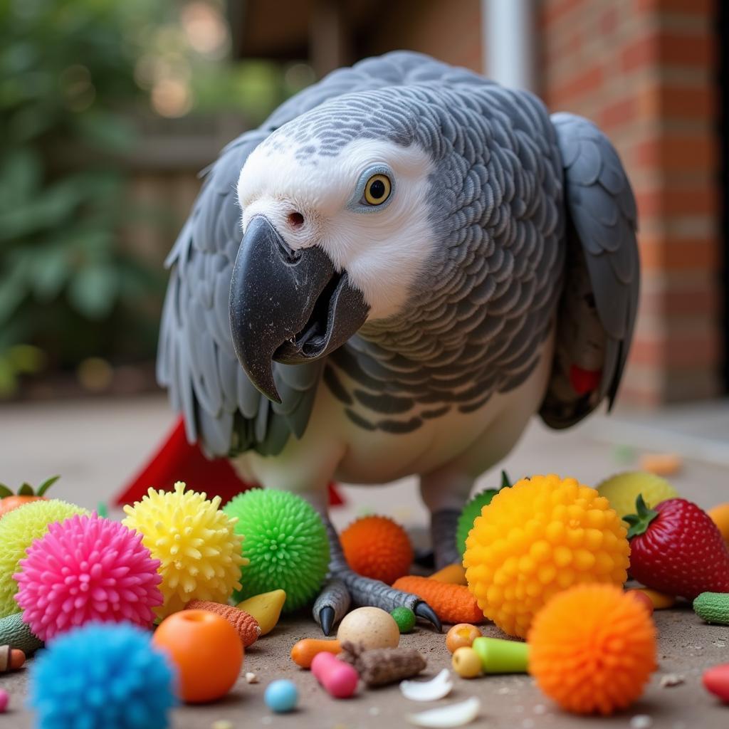 African Grey Cockatoo Cross Interacting with Toys