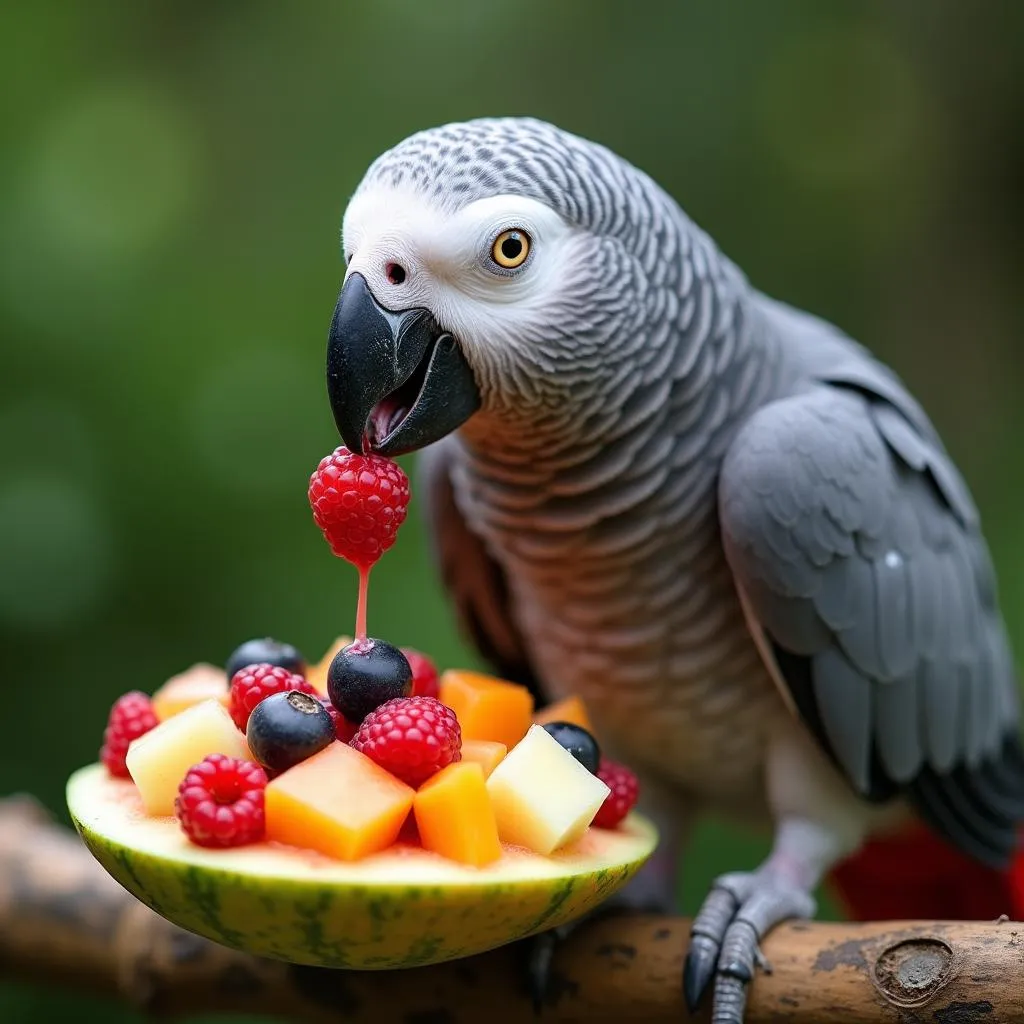 African Grey Parrot Enjoying Fresh Fruits