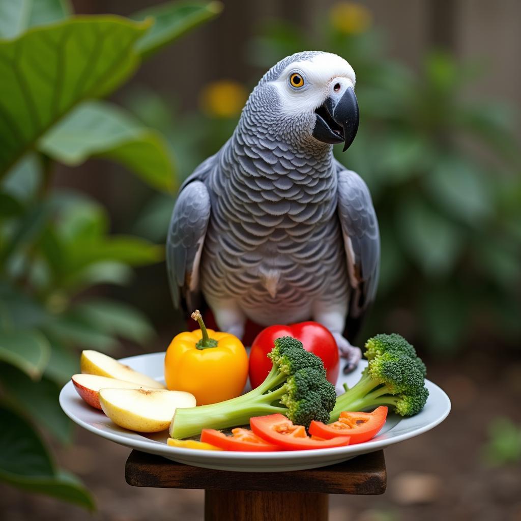 African Grey Enjoying Fruits and Vegetables