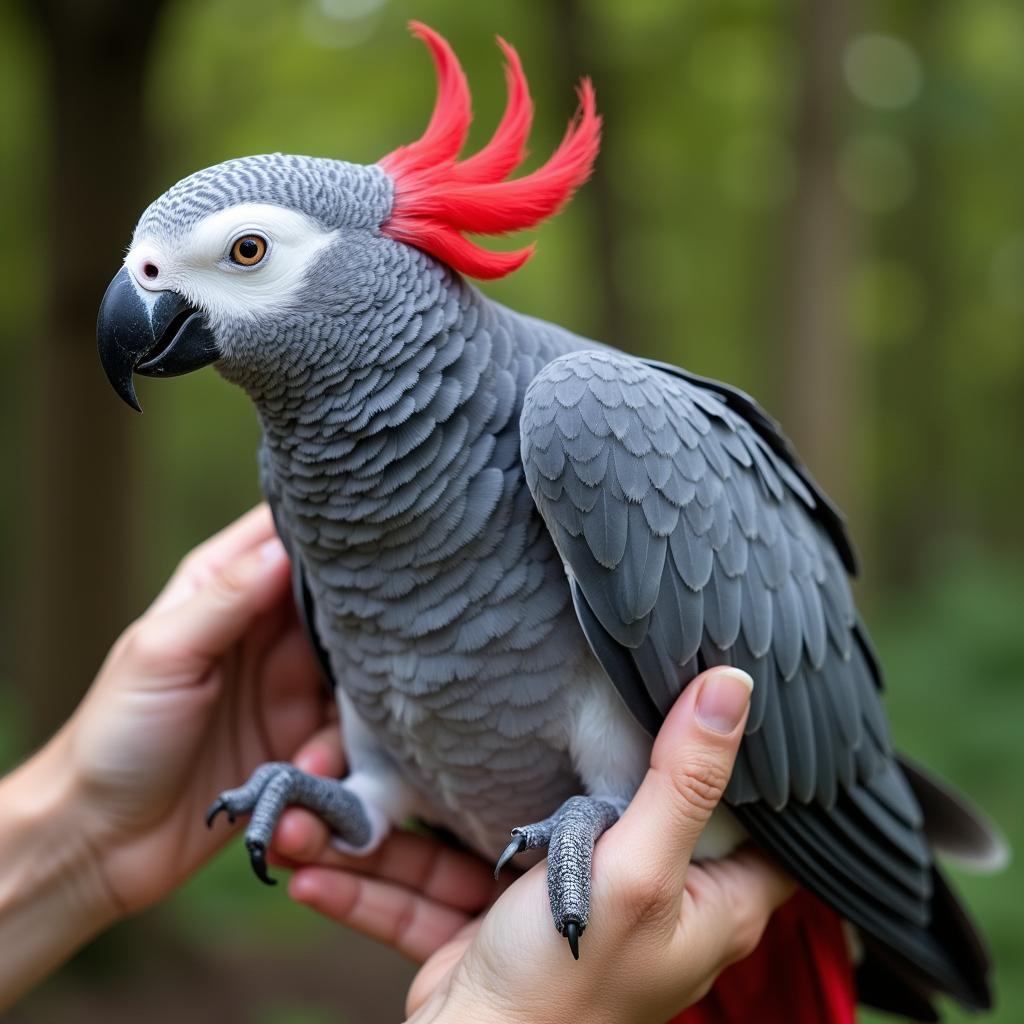 An African Grey parrot exhibiting feather plucking as a sign of hormonal stress.