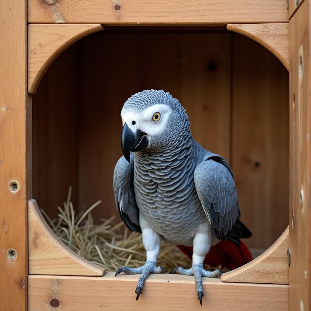 African Grey Parrot in a Spacious Nest Box