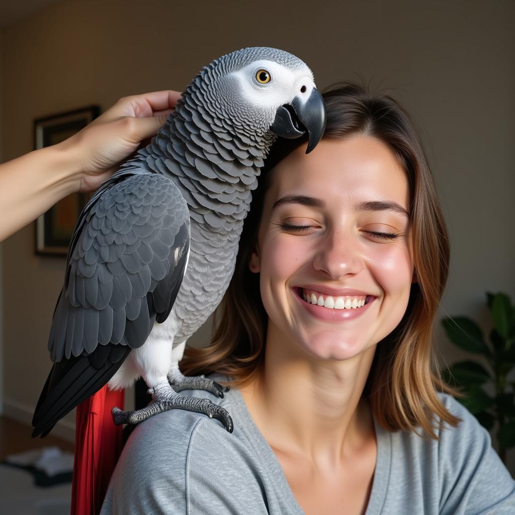 African Grey Parrot Interacting with Its Owner