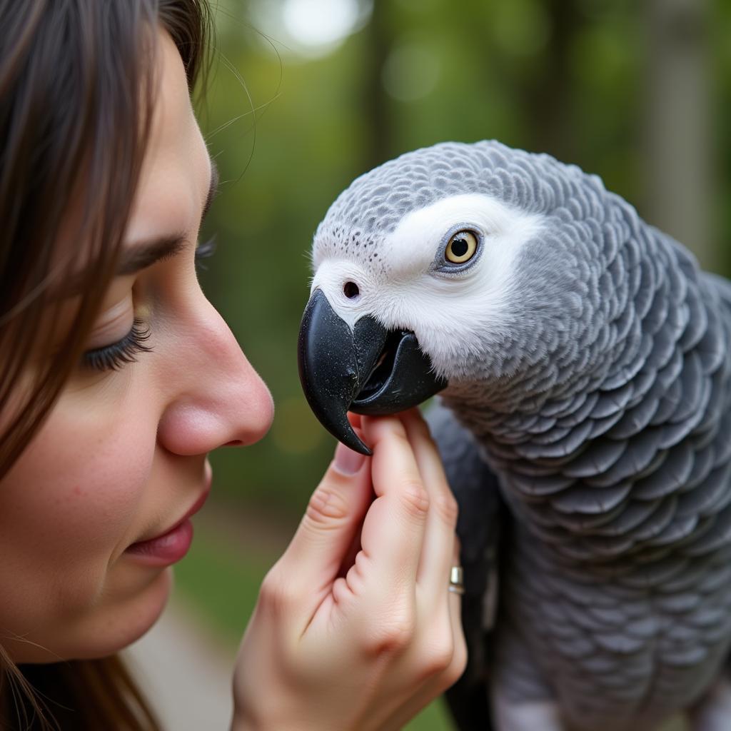 African Grey Interacting with Owner