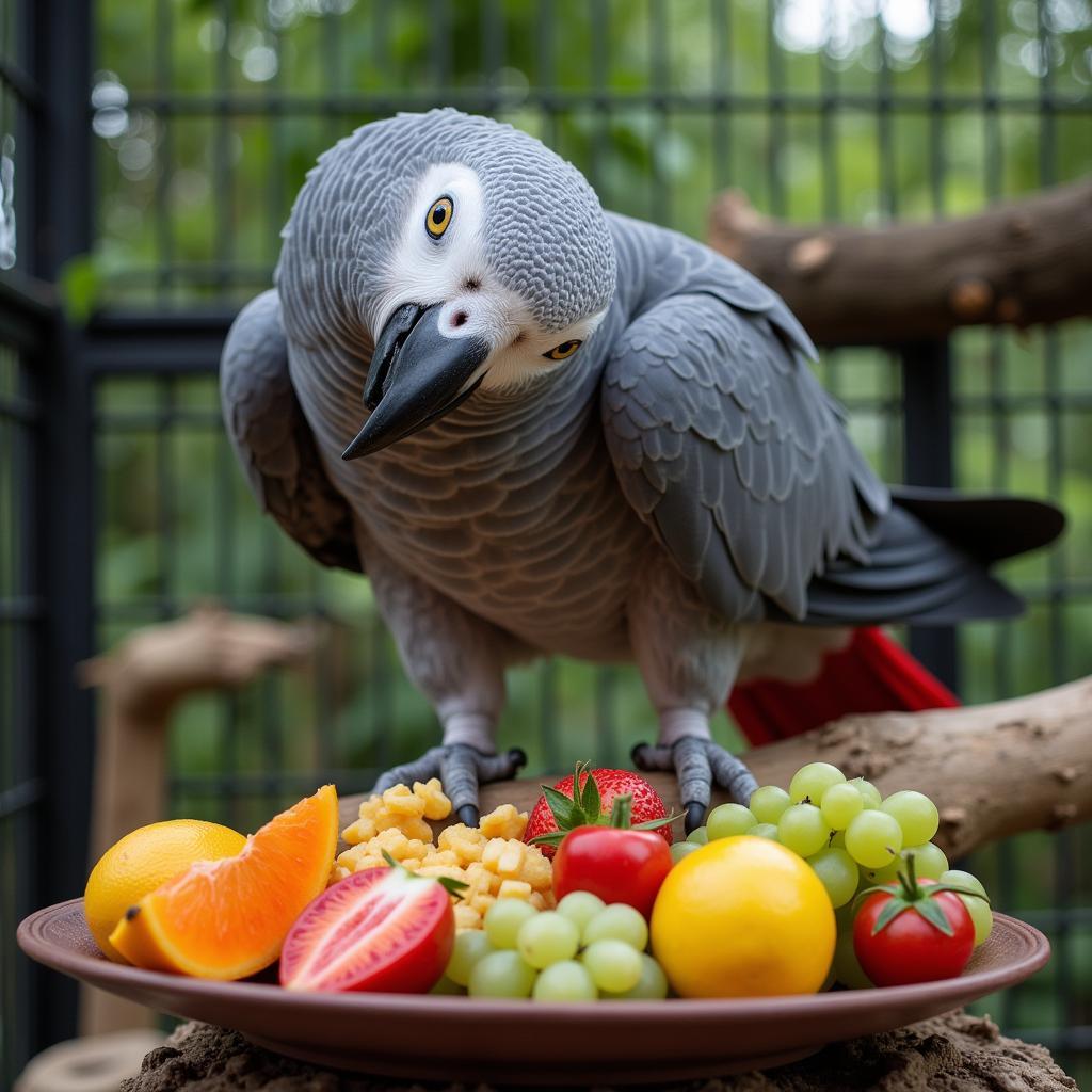 African Grey Macaw Enjoying a Healthy Meal