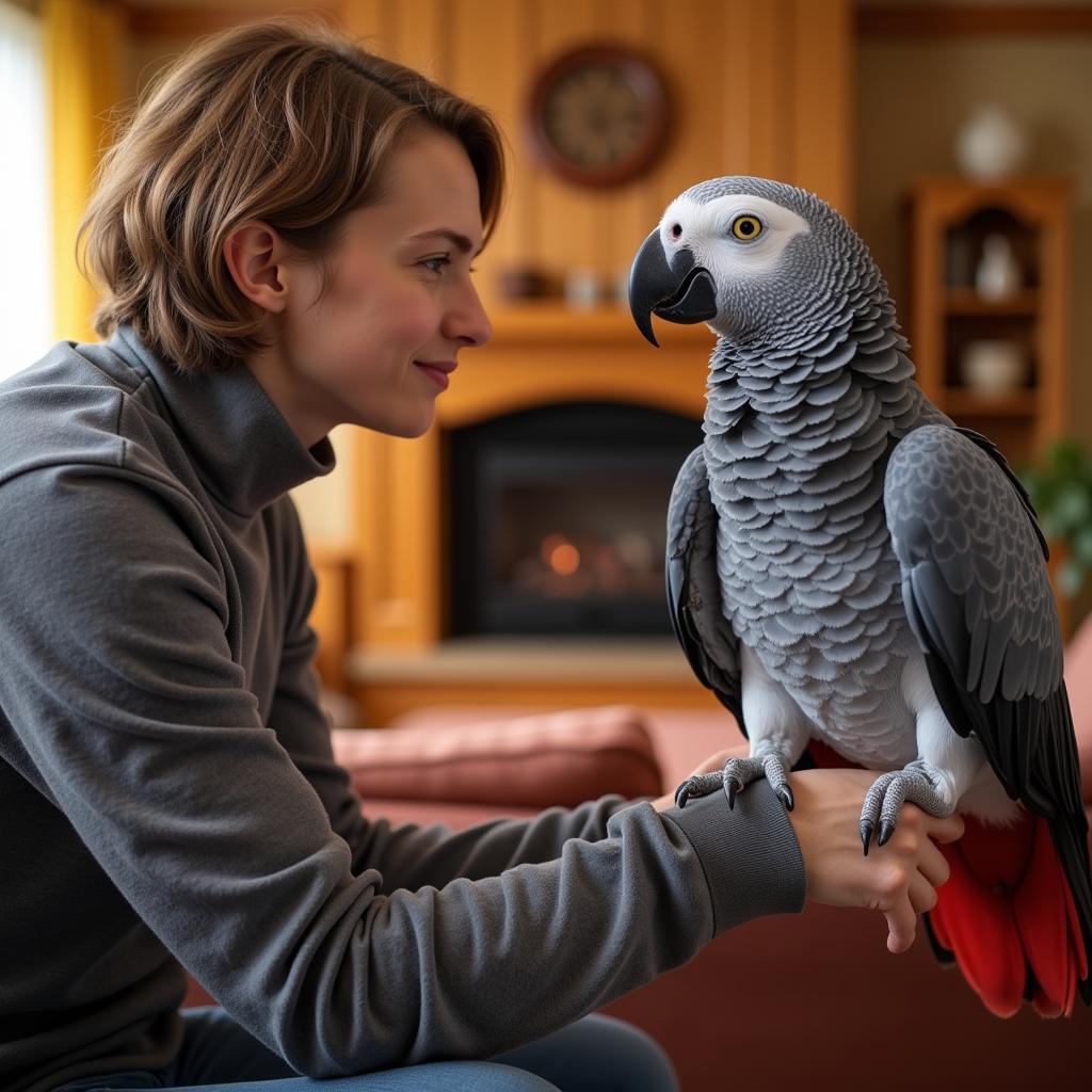 African Grey Parrot Bonding with Owner