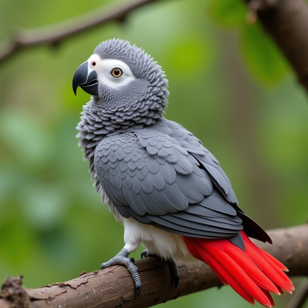 African Grey parrot baby perched on a branch in Delhi