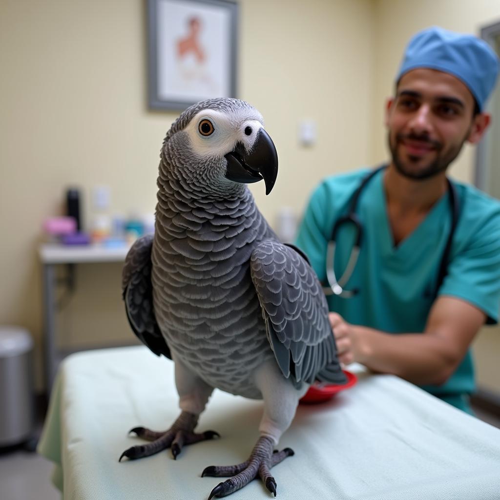 African Grey Parrot Baby Undergoing a Veterinary Checkup in Karachi