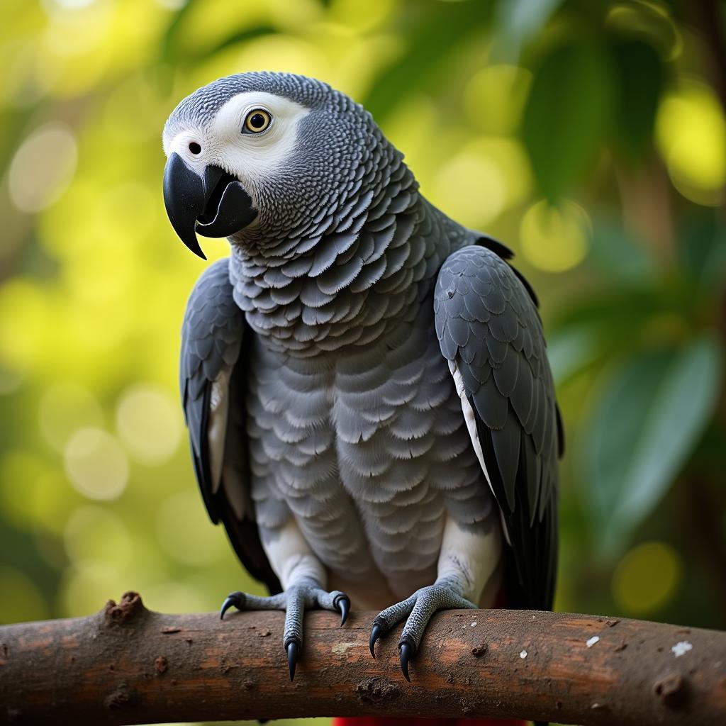 African grey parrot perched on a branch, enjoying the warmth of the sun